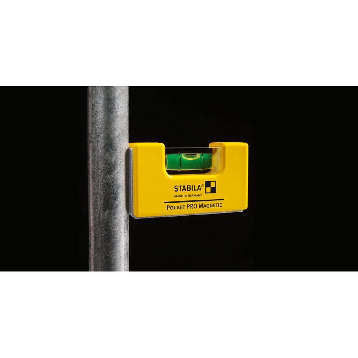 Stabila 11901 Pocket PRO Magnetic Spirit Level holding hands-free on a vertical steel pipe for fast alignment