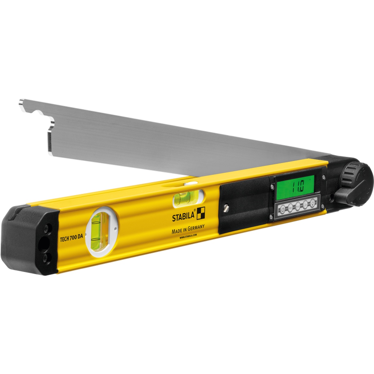 Stabila 39018 18-inch Digital Angle Finder TECH 700 DA close-up showing the backlit digital display, vials, and folding arm