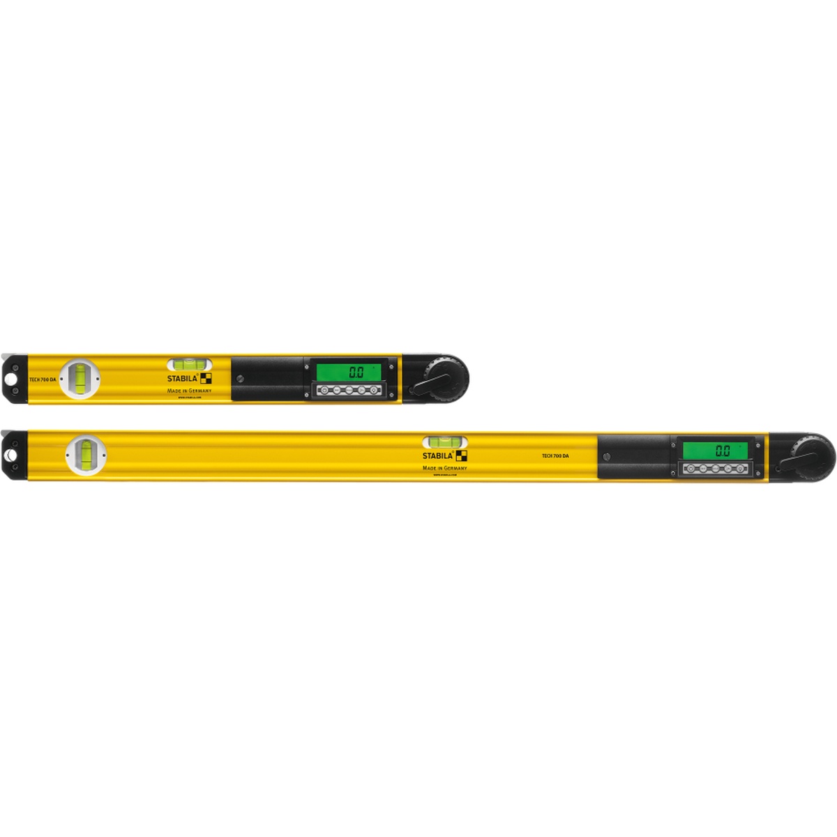 Stabila TECH 700 DA Electronic Angle Finder shown in folded and extended positions for angle measuring and layout work
