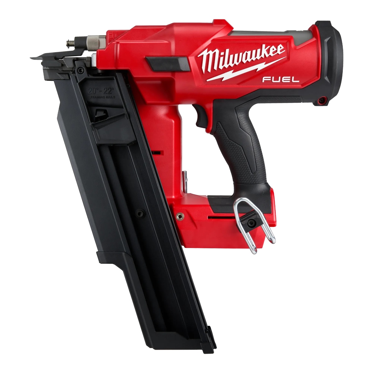 Milwaukee M18 FUEL 21 Degree Framing Nailer side profile showing magazine, nose, grip, and rafter hook for framing work setup