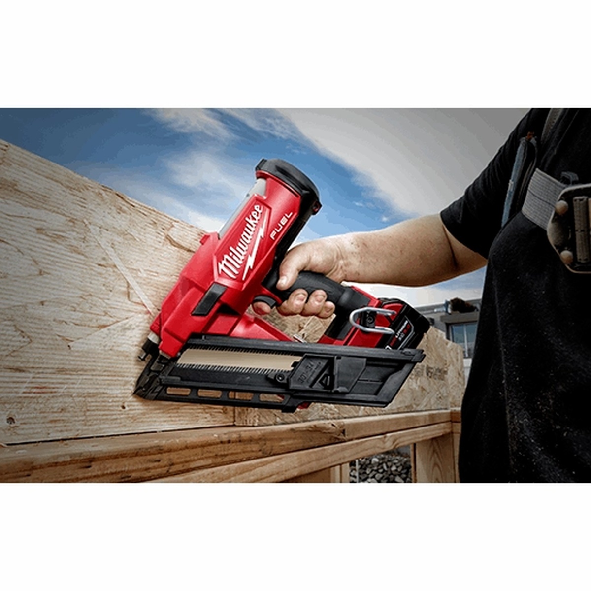 Milwaukee 2745-21 M18 FUEL 30 Degree Framing Nailer Kit fastening framing lumber at an angle during wall assembly