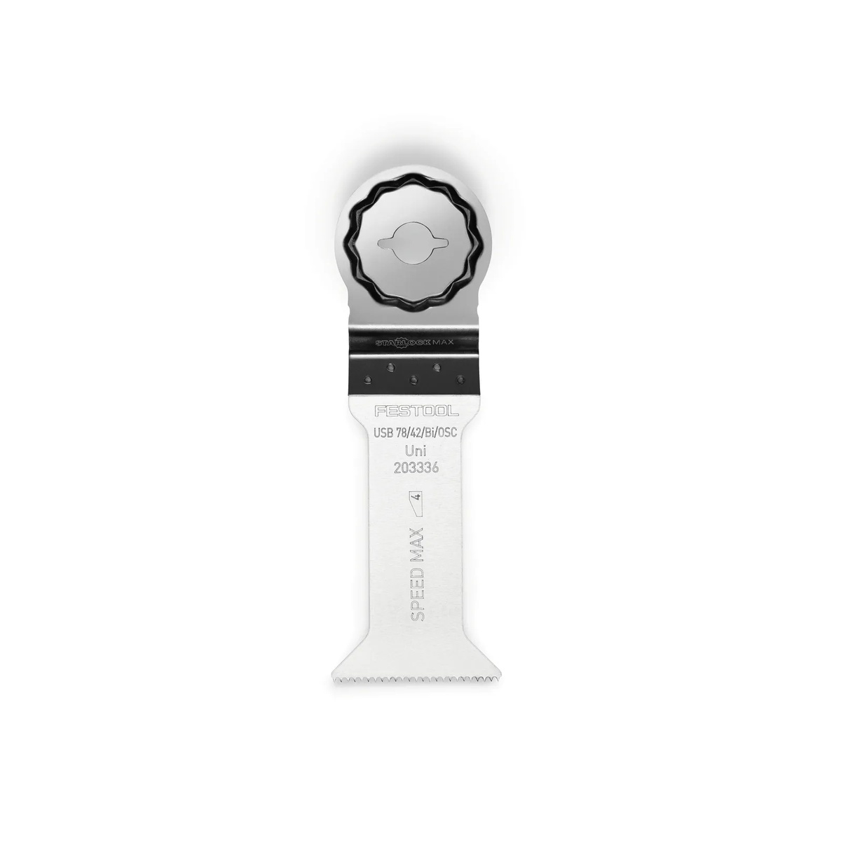 Festool 203336 Vecturo Starlock Plus Universal Saw Blade USB 78/42/Bi, 5-Pack blade shown in a clean product view highlighting the oscillating multi-tool interface and cutting edge for plunge cutting work