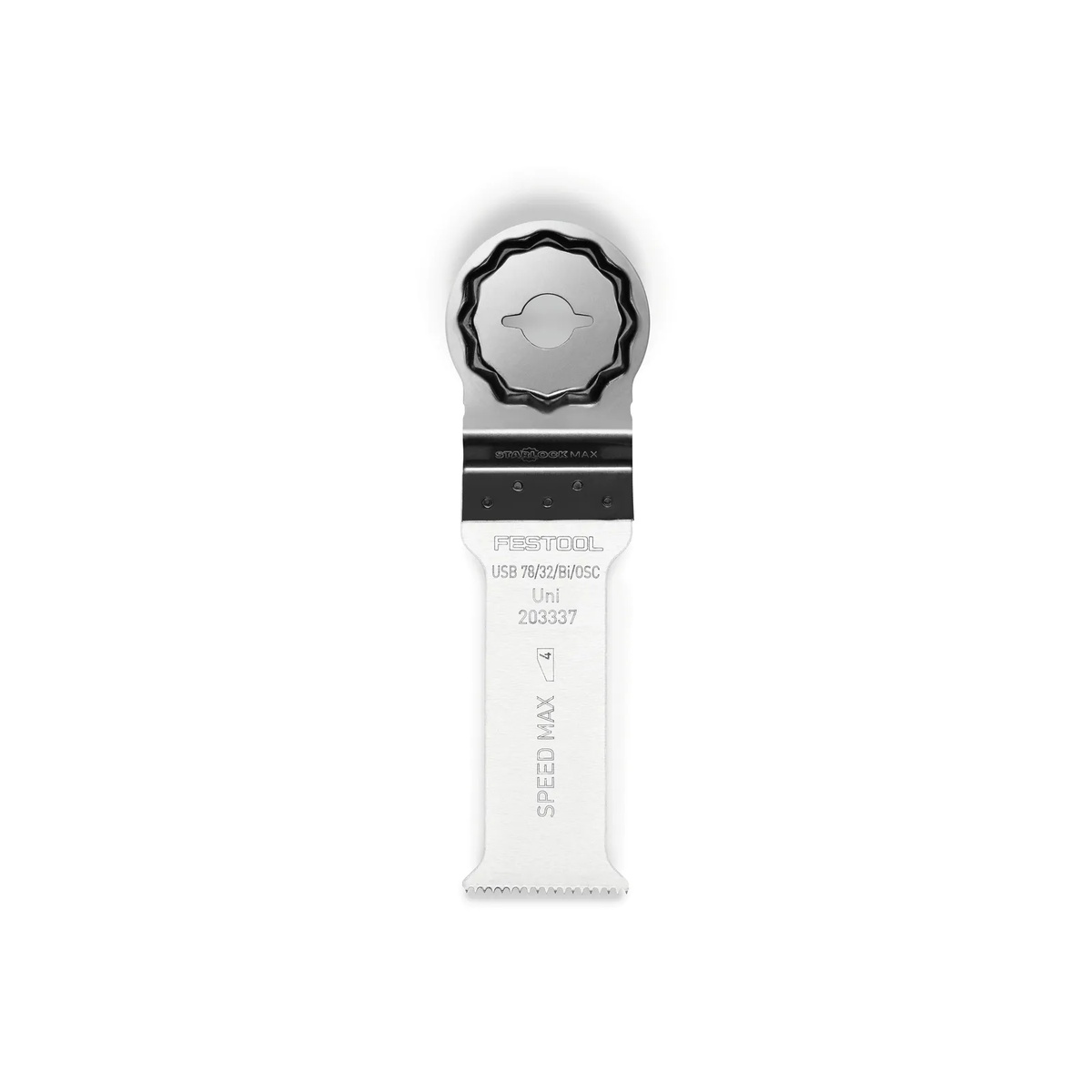 Festool 203337 Vecturo Starlock Plus Universal Saw Blade USB 78/32/Bi, 5-Pack close-up product image showing the Starlock interface and full blade length on a clean background
