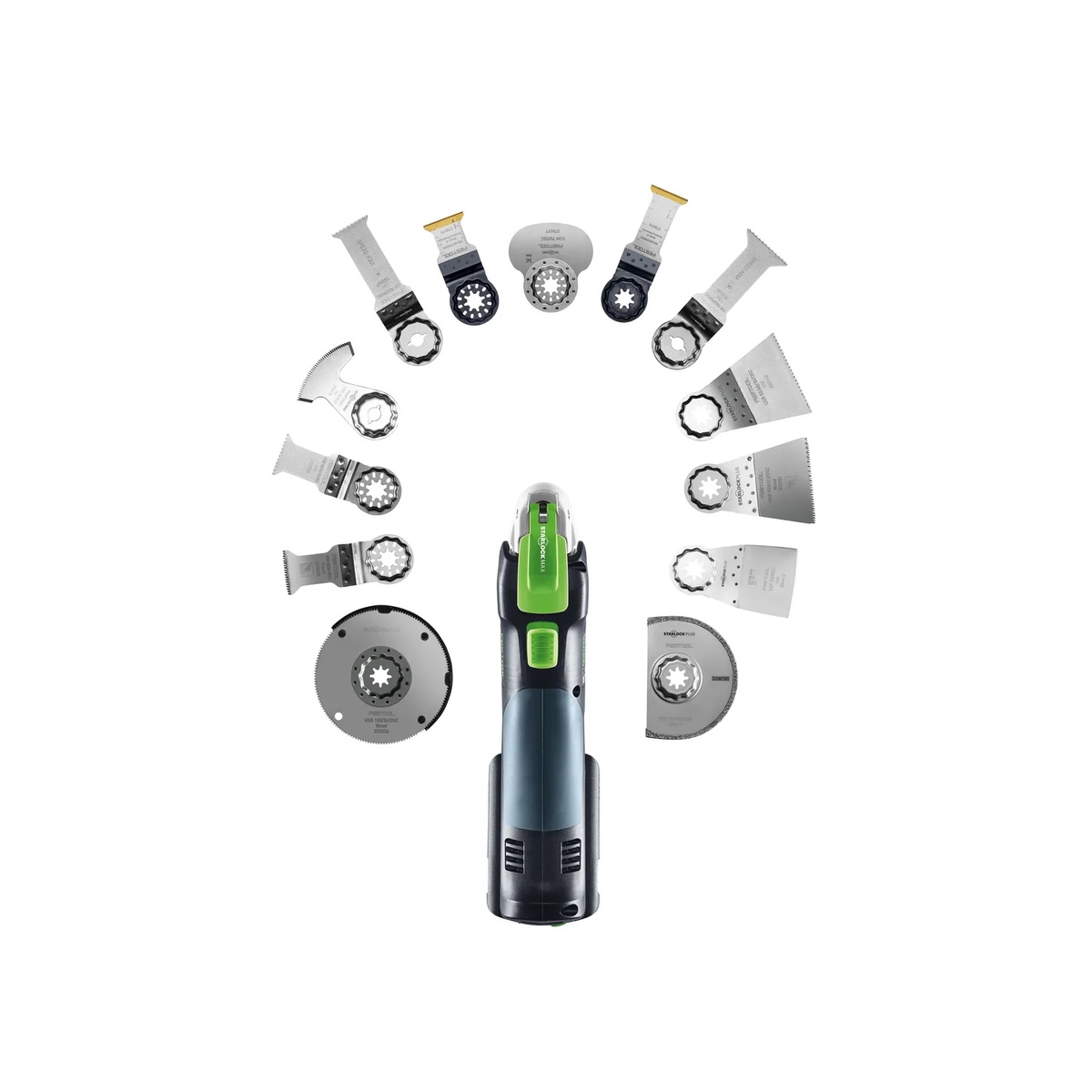 Festool 203960 Vecturo Starlock Plus Universal Saw Blade shown with a Festool oscillating multi-tool and related cutting accessories for plunge cutting and general remodeling work