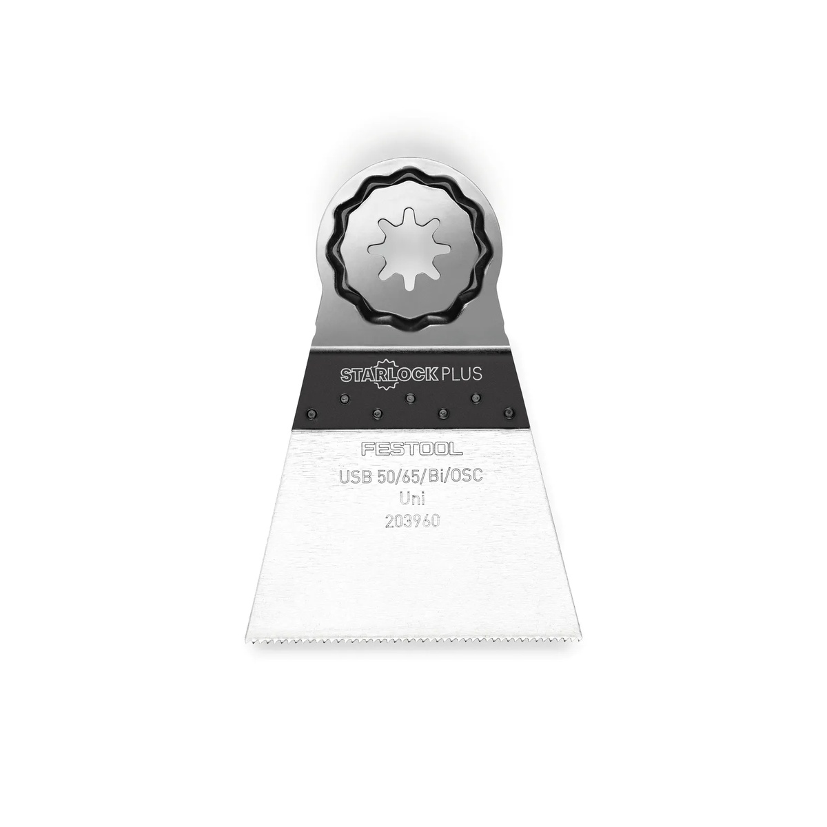 Festool 203960 Vecturo Starlock Plus Universal Saw Blade close-up showing the 50 mm by 65 mm bimetal blade and Starlock Plus interface for oscillating multi-tool plunge cuts