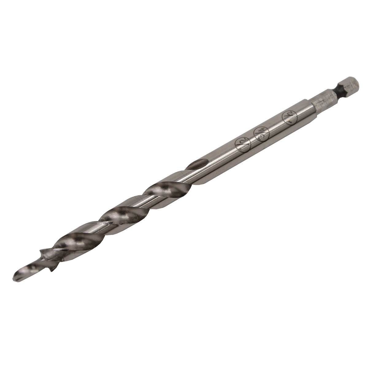 Kreg KPHA300 Easy-Set Pocket Hole Drill Bit clean product image showing the stepped bit body, etched depth markings, and 1/4 inch hex shank for pocket-hole drilling in woodworking setups