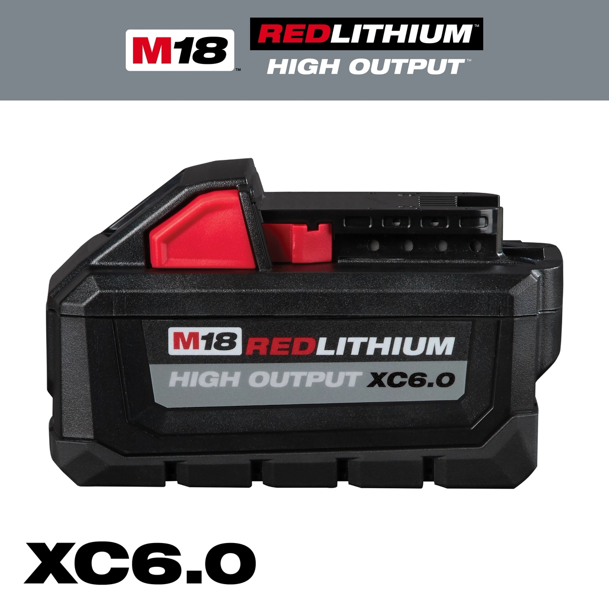 Milwaukee 48-11-1865 M18 REDLITHIUM HIGH OUTPUT XC6.0 Battery Pack clean side profile showing pack shape and slide-on M18 interface