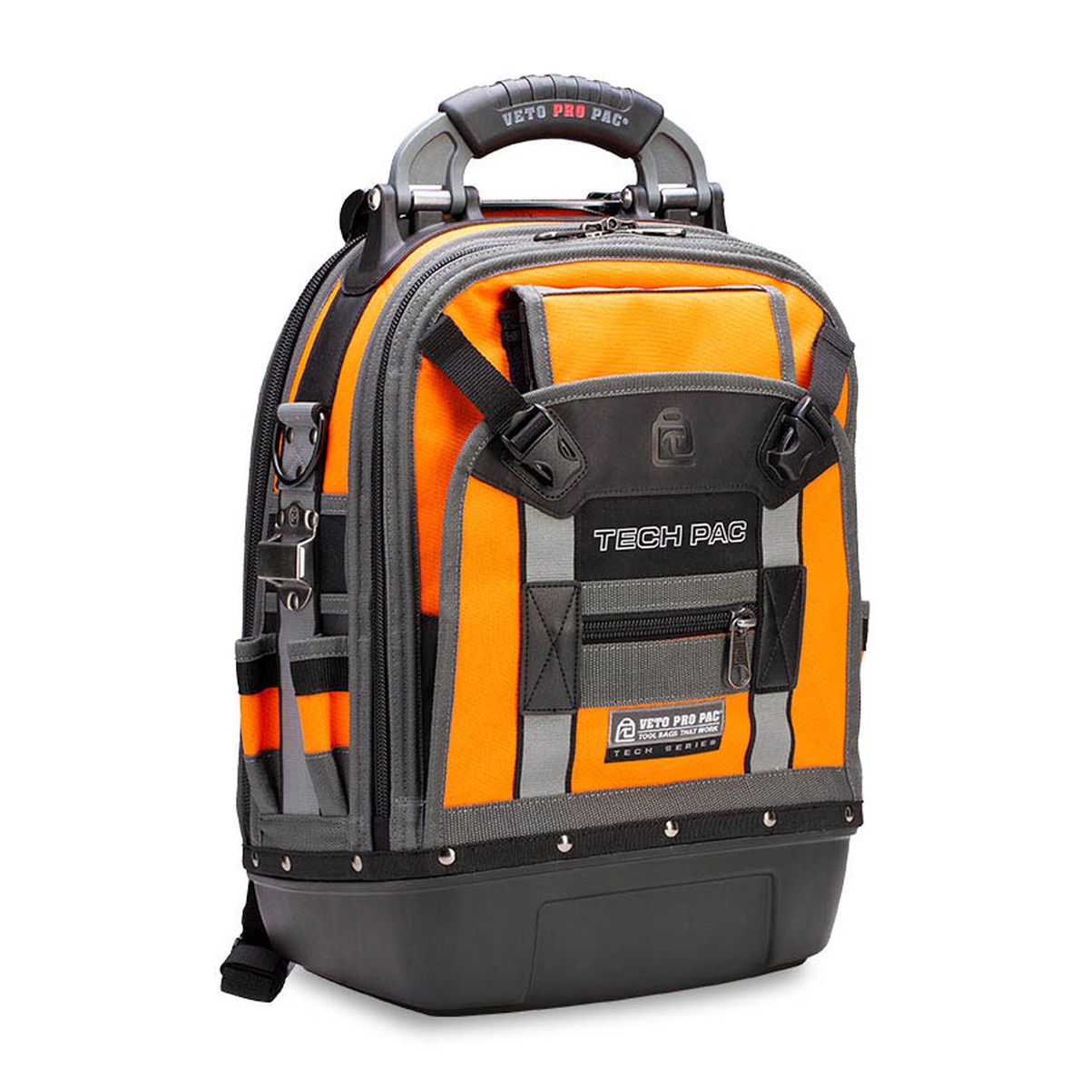 Veto Pro Pac TECH PAC HI-VIZ ORANGE Backpack Tool Bag shown from the front on a clean background, highlighting the upright tool backpack design used for technician tool storage and transport on service calls