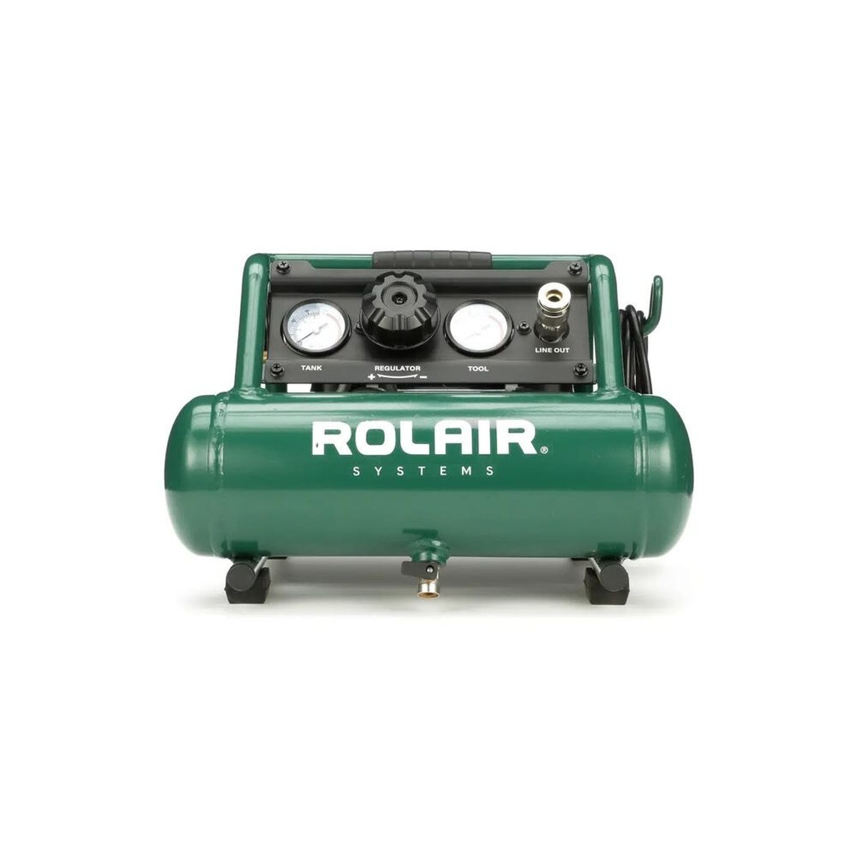 Rolair AB5PLUS Air Buddy Super-Quiet Oilless 1/2 HP 1-Gallon Air Compressor front control panel with regulator knob and gauges set up for light fastening work