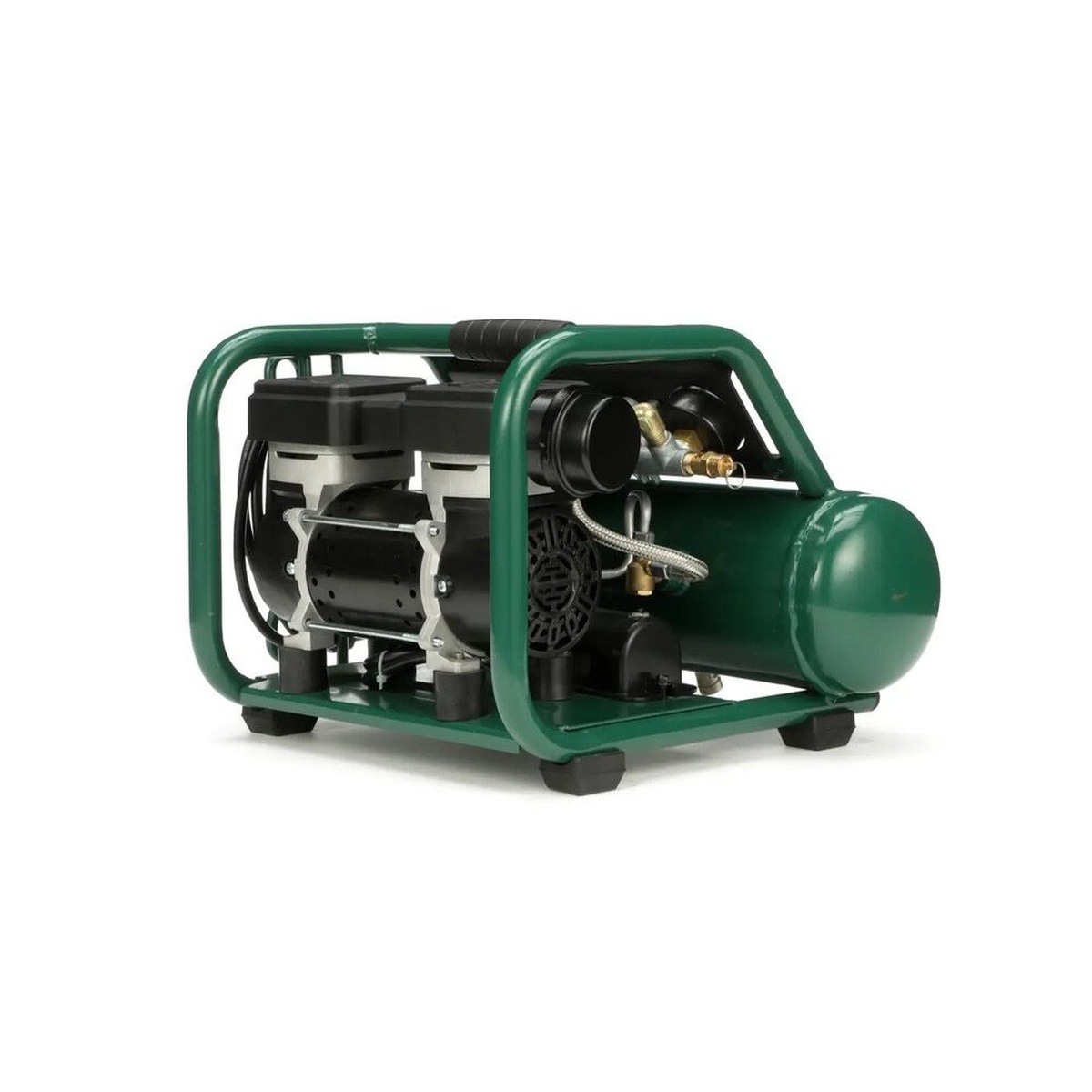 Rolair AB5PLUS Air Buddy Super-Quiet Oilless 1/2 HP 1-Gallon Air Compressor rear view showing dual piston pump and roll-cage frame for transport on the jobsite