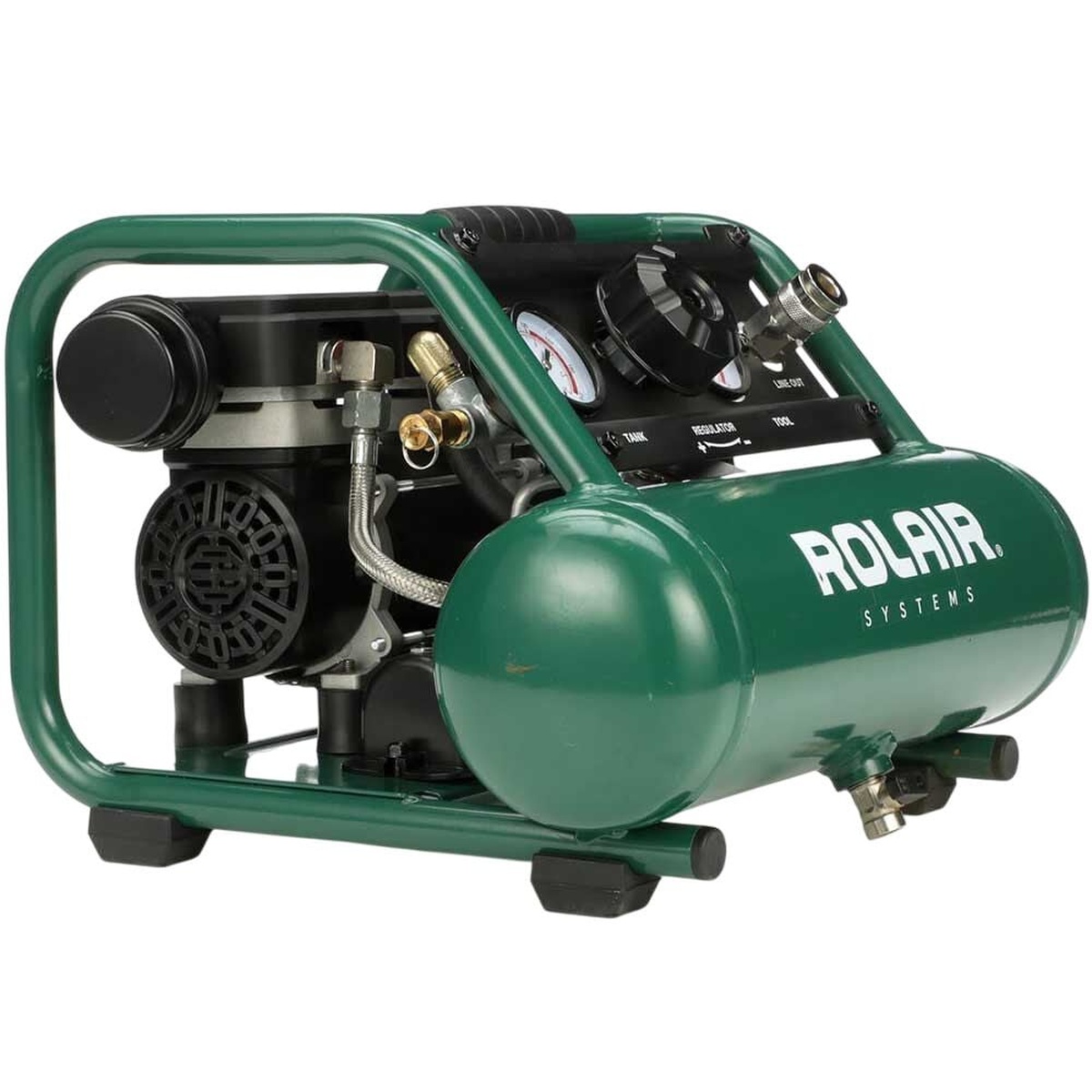 Rolair AB5PLUS Air Buddy Super-Quiet Oilless 1/2 HP 1-Gallon Air Compressor shown as a compact hand-carry compressor for indoor trim and finish work
