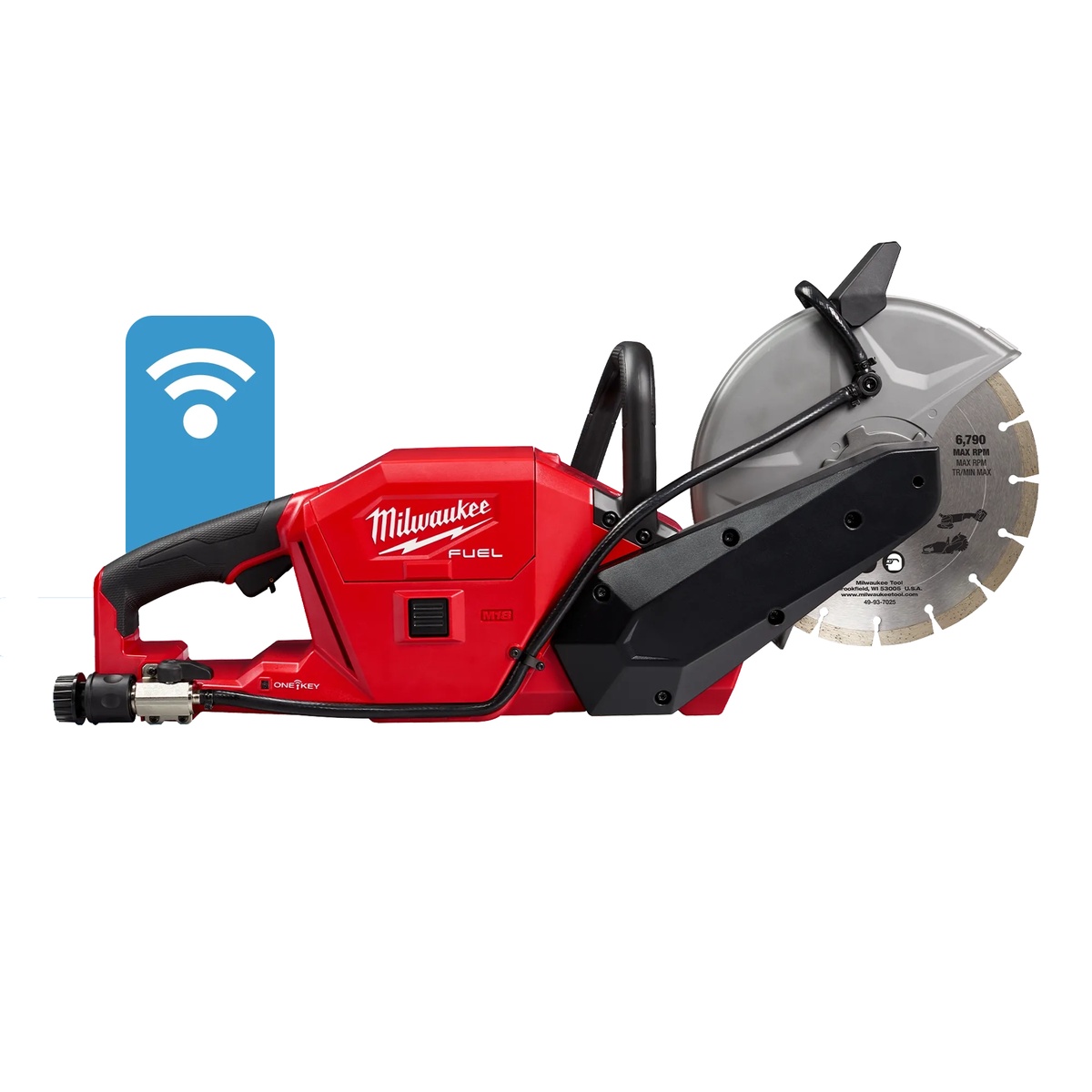 Milwaukee M18 FUEL 9 in. Cut-Off Saw with ONE-KEY Kit shown in side profile with 9 inch blade installed for concrete and metal cutting on a professional jobsite