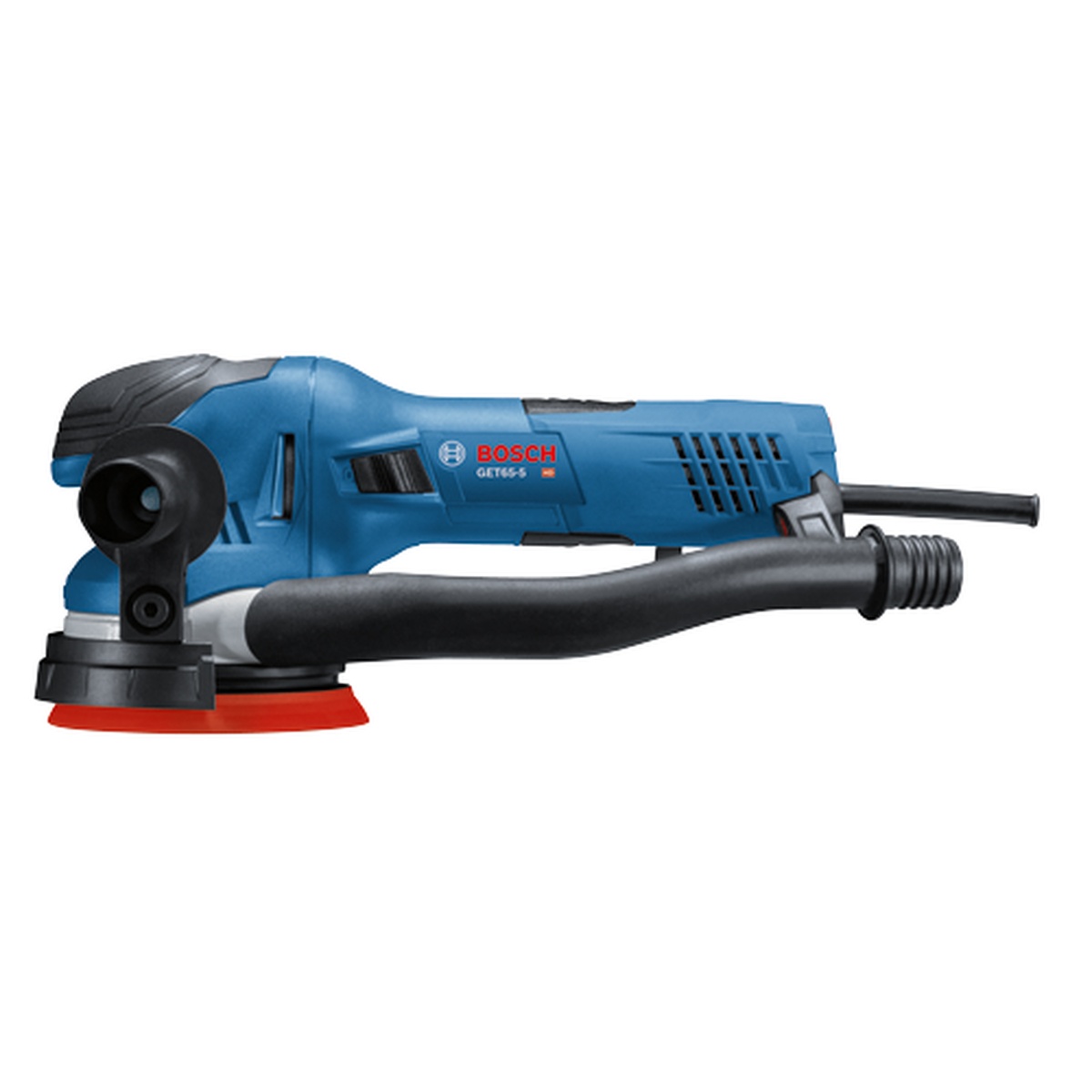 Bosch GET65-5N 5 In. Dual-Mode Random Orbit Sander product view showing attached dust hose and side handle for vacuum-assisted sanding