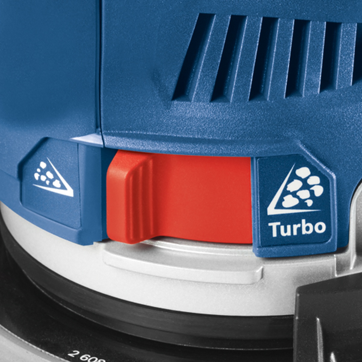 Bosch GET75-6N 6 In. Dual-Mode Random Orbit Sander close-up of the mode selector used to switch between standard sanding and turbo stock removal