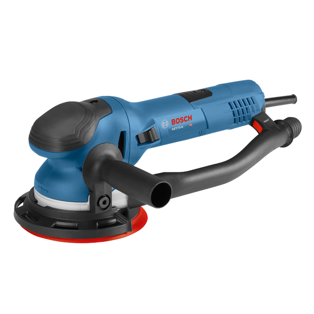 Bosch GET75-6N 6 In. Dual-Mode Random Orbit Sander shown with auxiliary handle and pad guard for controlled sanding on broad surfaces