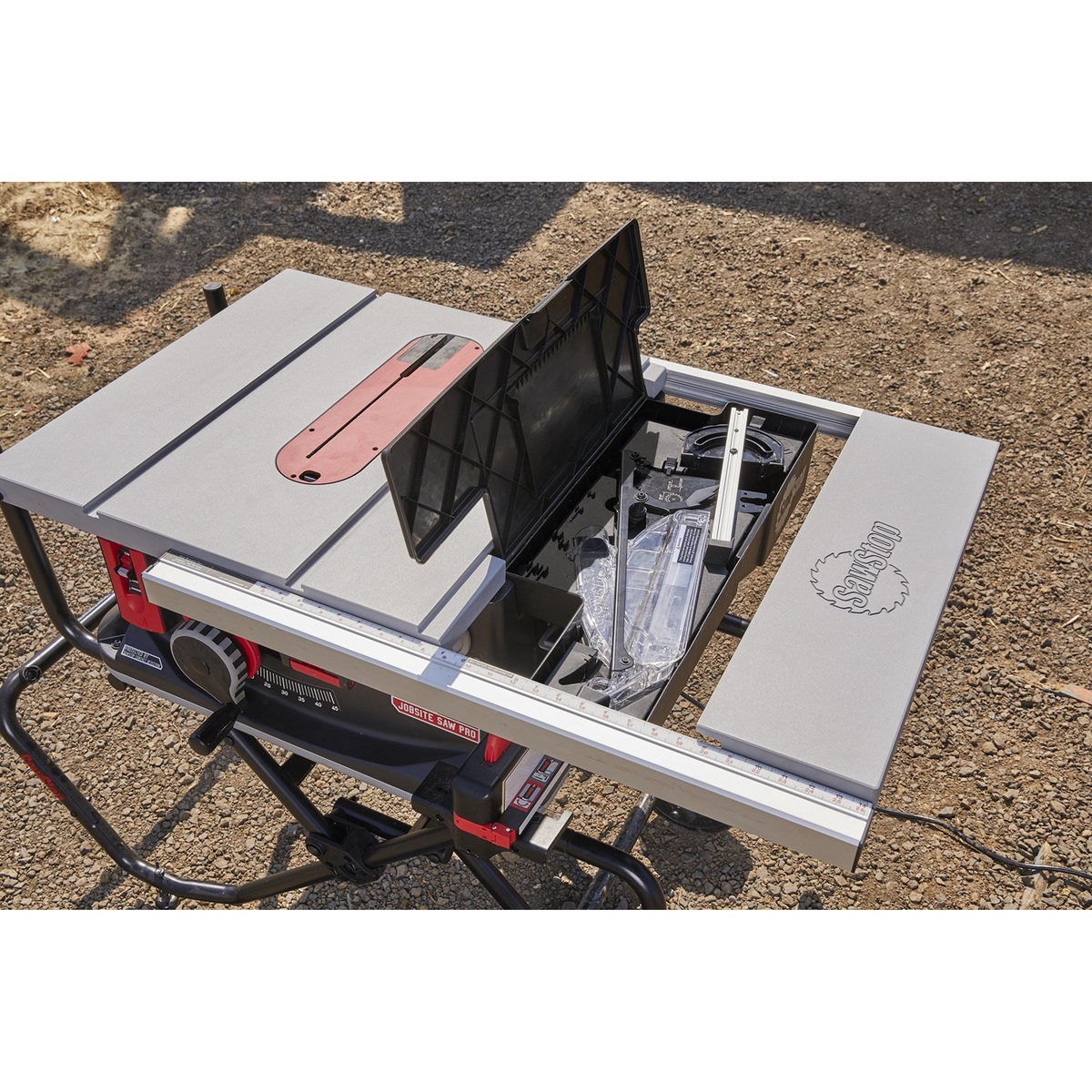 SawStop Jobsite Saw Pro table saw on a jobsite with table extensions open and the work surface ready for ripping and general construction cutting