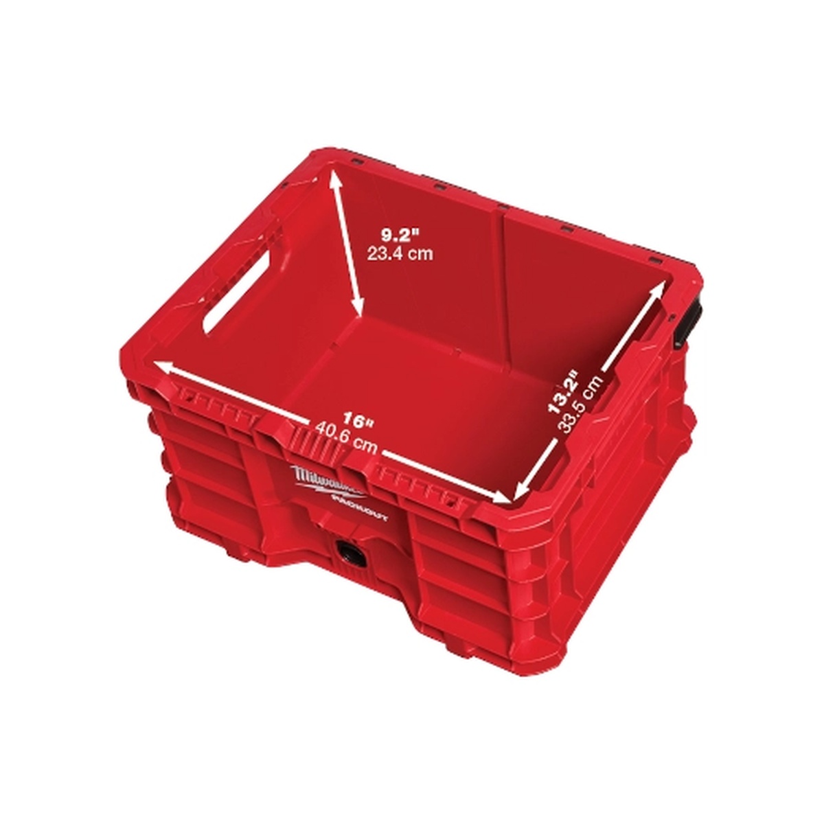 Milwaukee 48-22-8440 PACKOUT Crate showing internal storage dimensions for organizing hand tools, batteries, and jobsite supplies