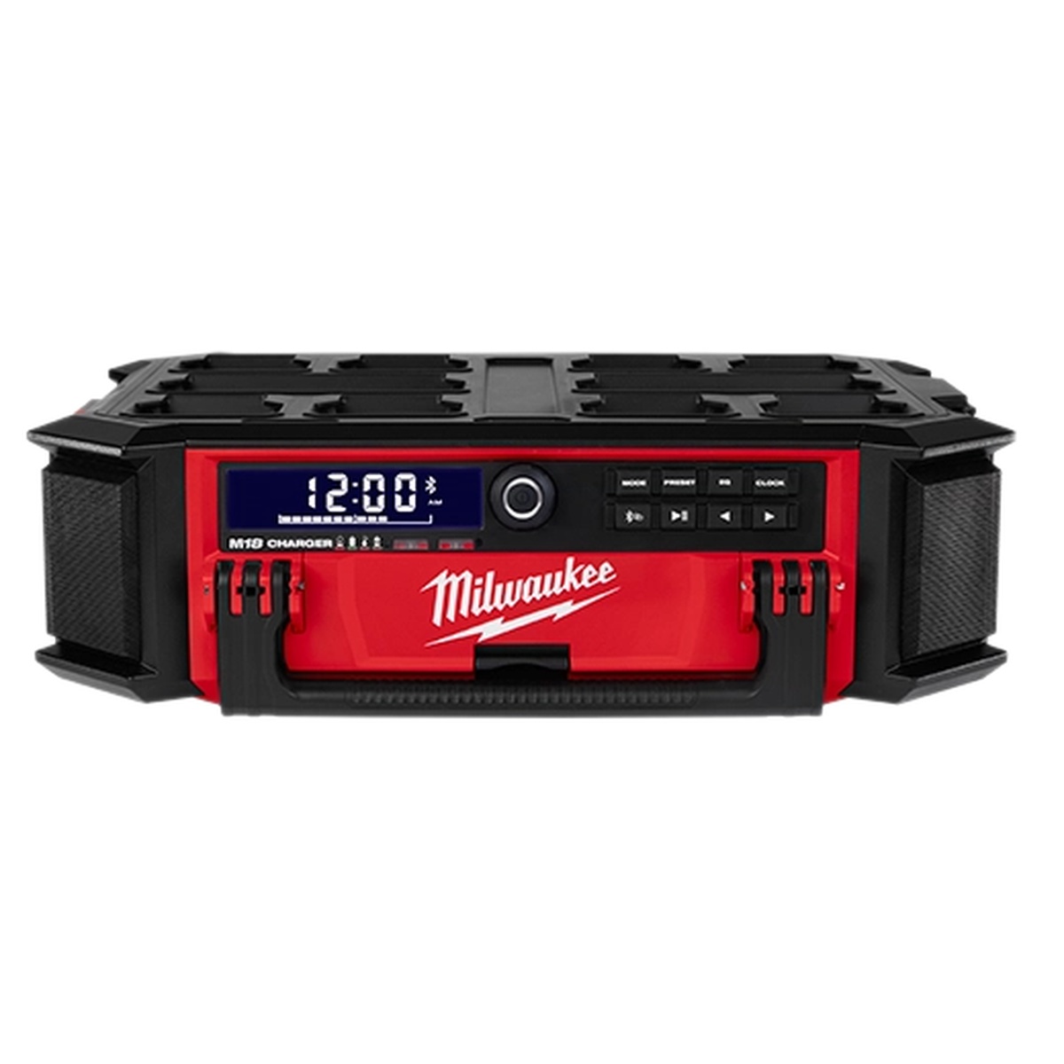 Milwaukee M18 Jobsite Radio + Charger w/ PACKOUT Compatibility front view showing digital controls and built-in charger for jobsite use