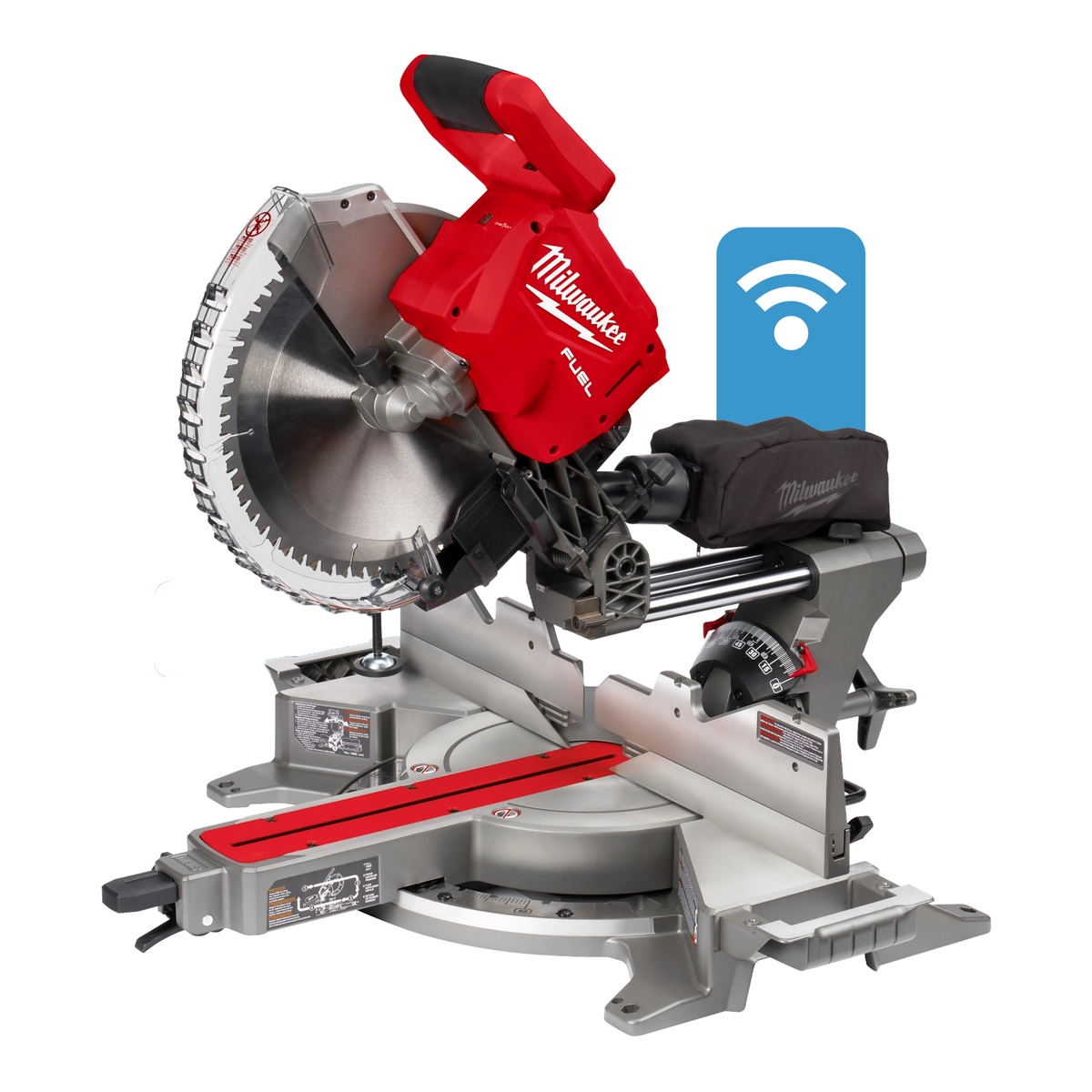 Milwaukee 2739-20 M18 FUEL 12 Inch Dual Bevel Sliding Compound Miter Saw shown in cordless jobsite setup with integrated dust bag and ONE-KEY connectivity for trim and remodeling work