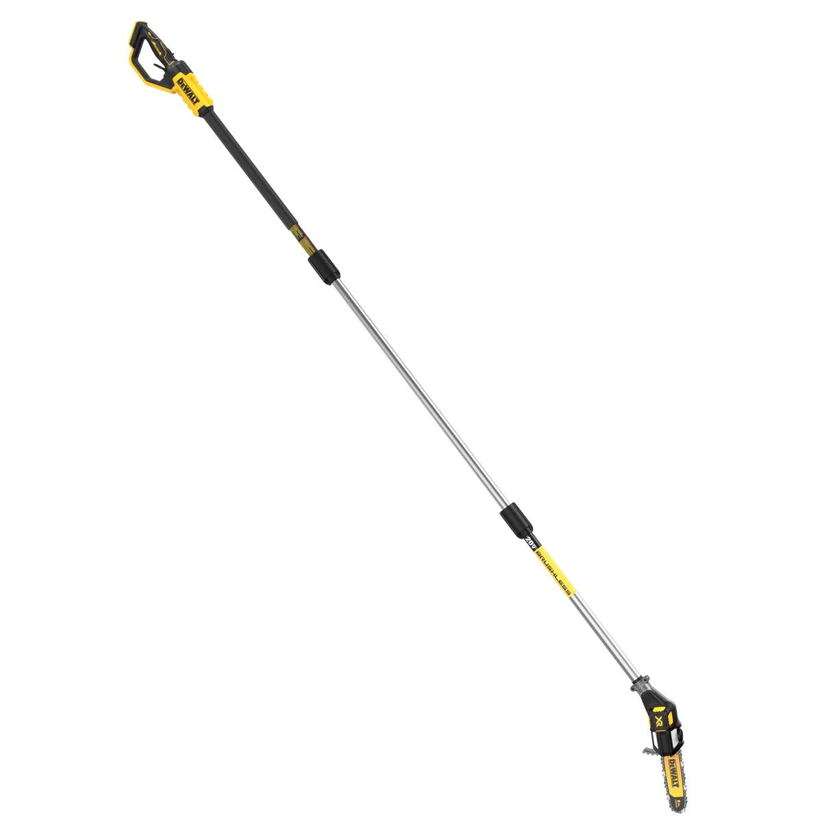 DEWALT DCPS620B 20V MAX XR Brushless Cordless Pole Saw angled to show the cutting head, 8 inch bar and chain, and long shaft used for pruning overhead branches