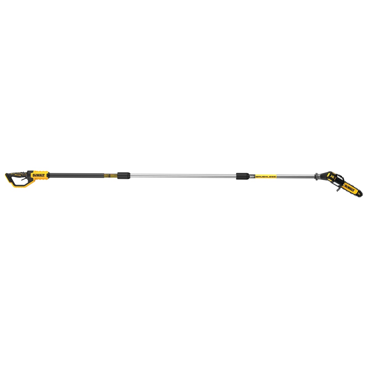 DEWALT DCPS620B 20V MAX XR Brushless Cordless Pole Saw shown fully assembled with extended shaft for overhead tree trimming and branch pruning on residential property maintenance jobs