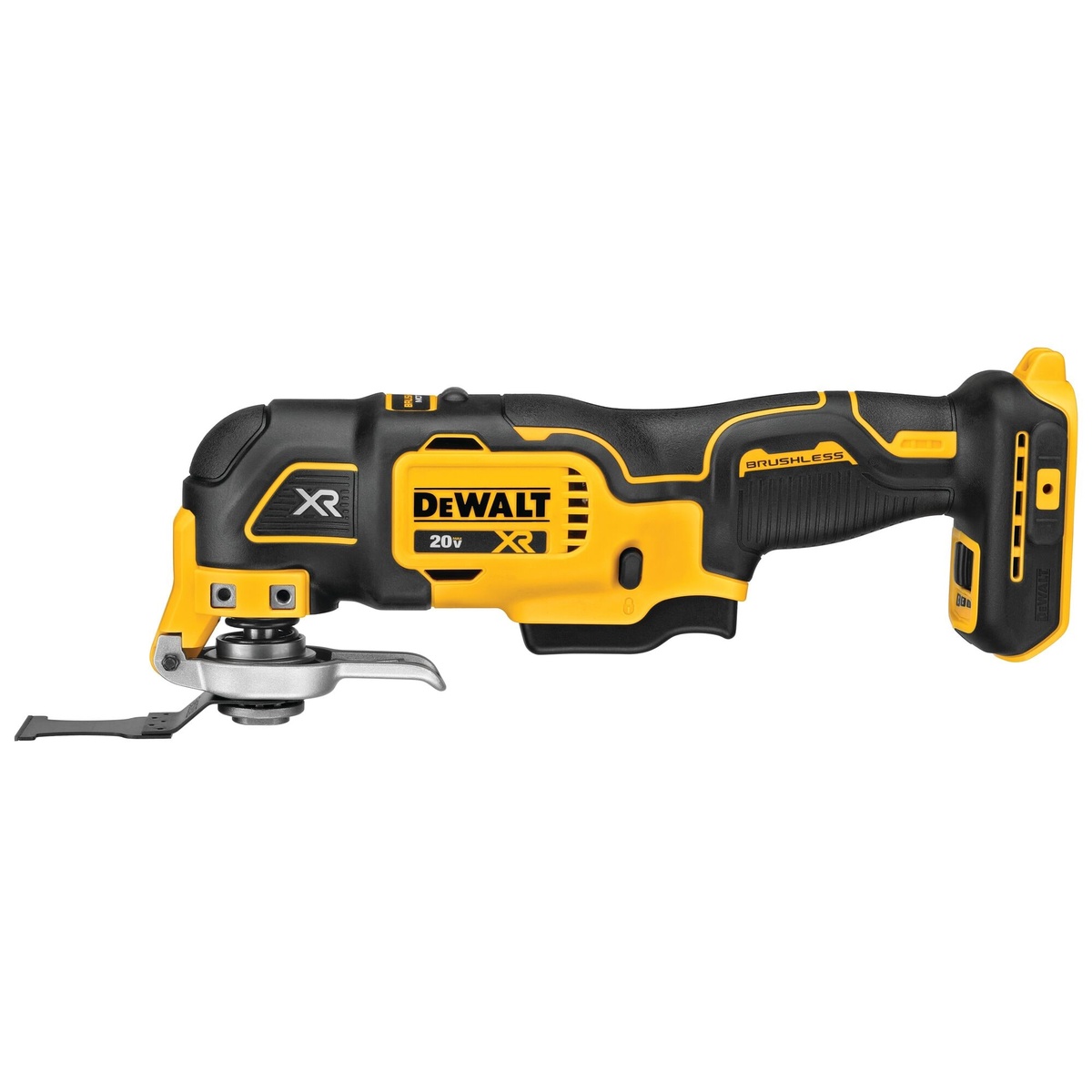 DeWALT DCS356B oscillating multi-tool shown in side profile with installed blade for tight-space cutting and remodeling work