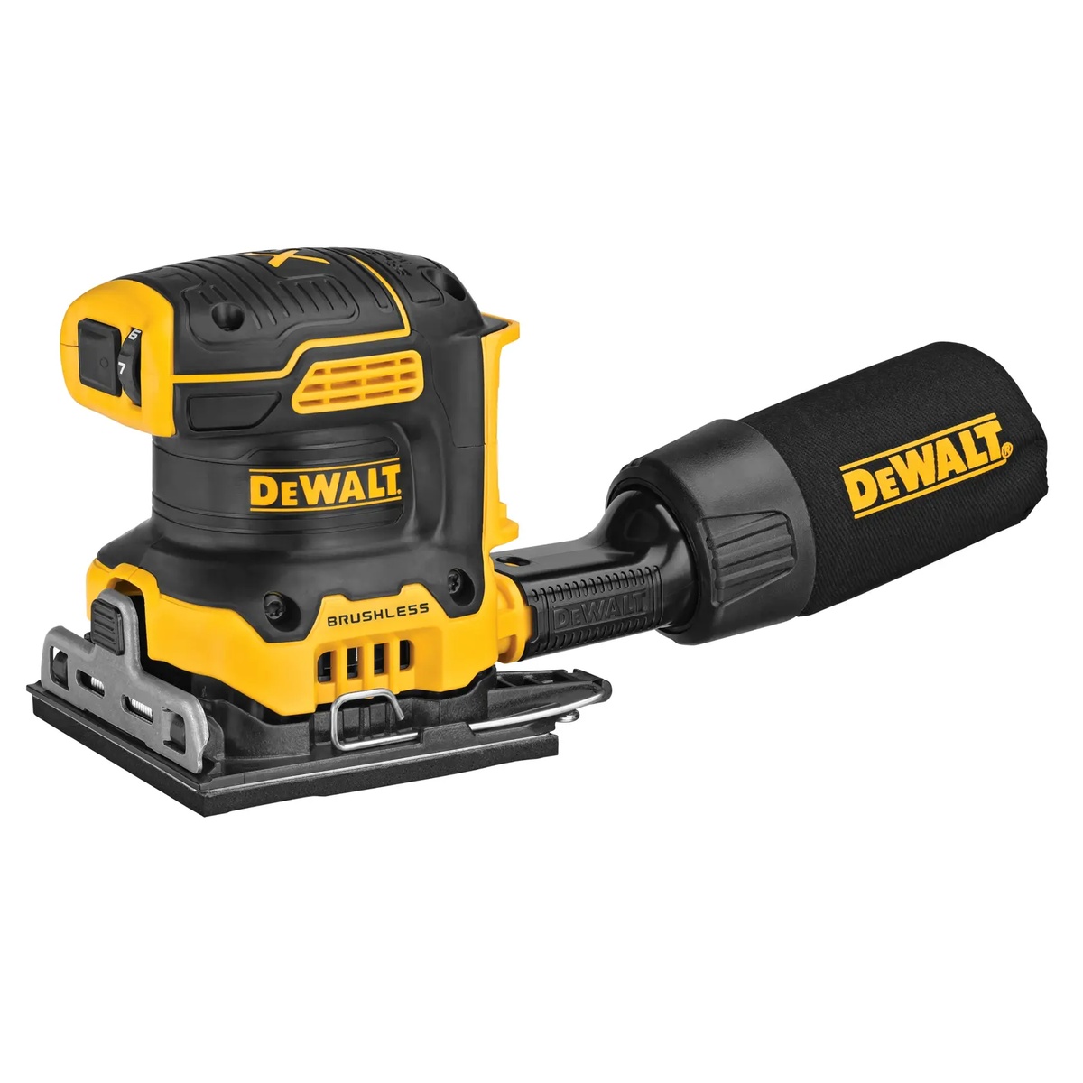 DEWALT DCW200B 20V MAX XR Brushless Cordless 1/4 Sheet Variable Speed Sander showing variable speed dial and dust bag on a clean background