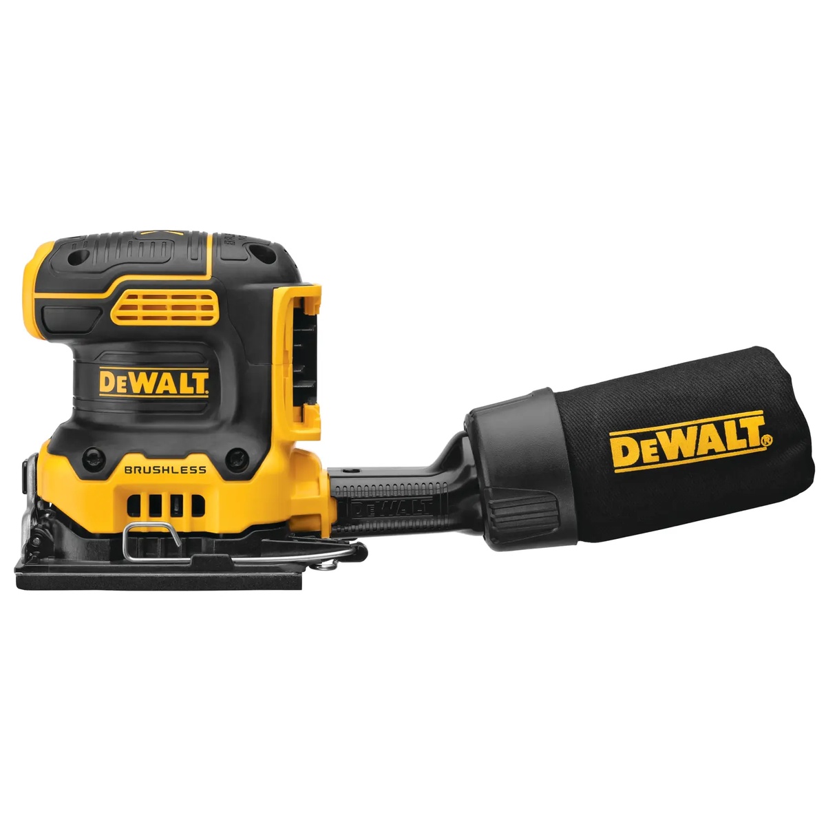 DEWALT DCW200B 20V MAX XR Brushless Cordless 1/4 Sheet Variable Speed Sander side profile showing low body height and dust bag on a clean background