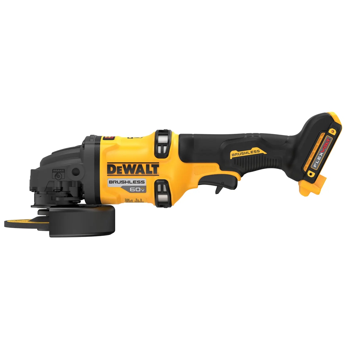 DEWALT DCG418B 60V MAX Brushless Cordless 4-1/2 in. - 6 in. Grinder side view showing compact head, trigger area, and battery interface for controlled grinding and cutting applications