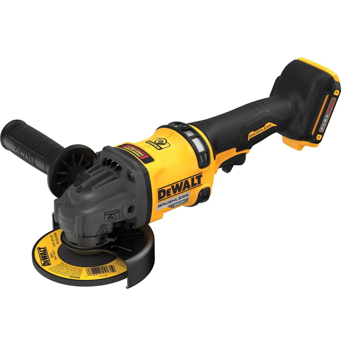 DEWALT DCG418B 60V MAX Brushless Cordless 4-1/2 in. - 6 in. Grinder angled product view with installed wheel and side handle for fabrication, weld cleanup, and metal cutting tasks