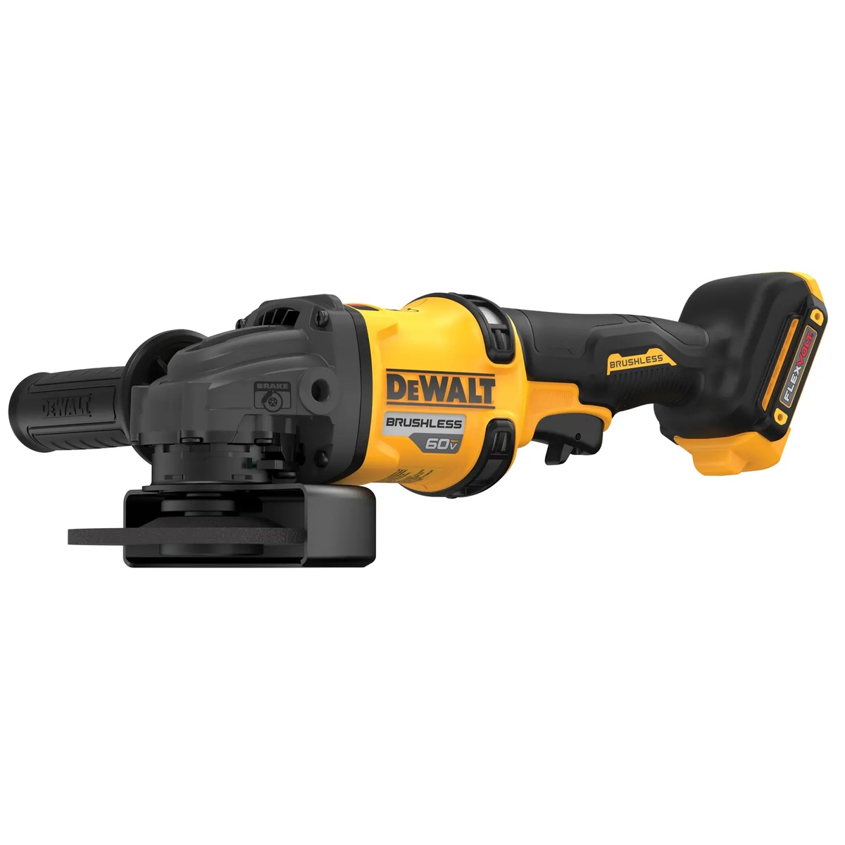DEWALT DCG418B 60V MAX Brushless Cordless 4-1/2 in. - 6 in. Grinder shown in side profile with guard and side handle installed for metal grinding and cut-off work in shop or jobsite use