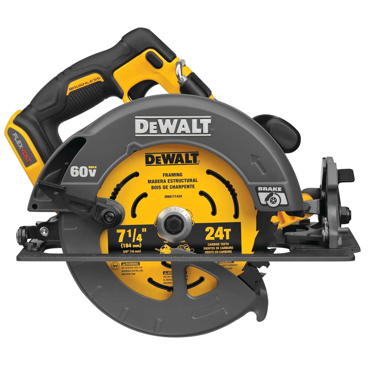 DEWALT DCS578B 60V MAX Brushless Cordless 7-1/4 in. Circular Saw with Electronic Brake shown in side profile with blade installed for framing and jobsite cutting tasks