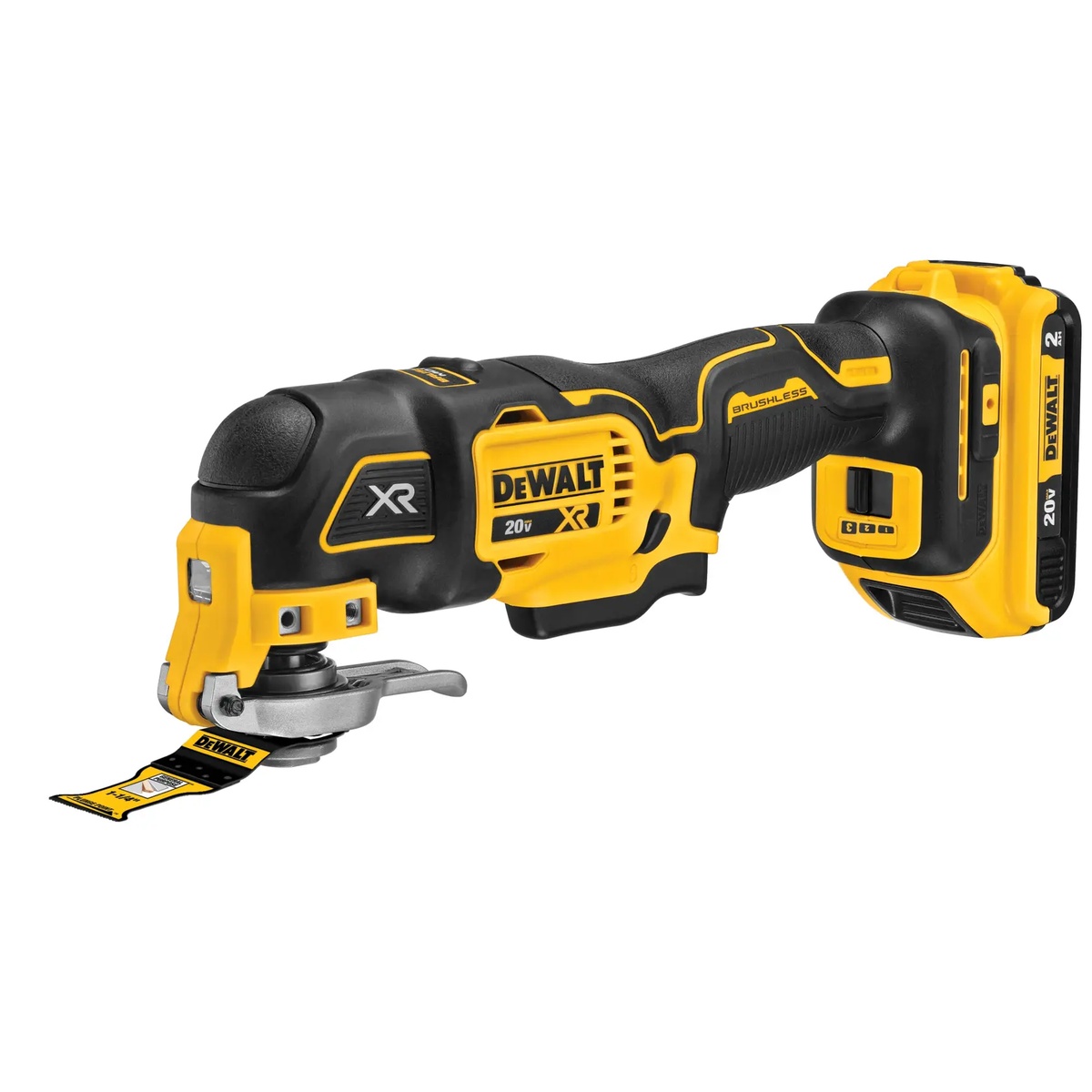 DEWALT DCS356D1 20V MAX XR Brushless Cordless 3-Speed Oscillating Multi-Tool Kit shown with battery installed and blade attached for cutting and sanding applications