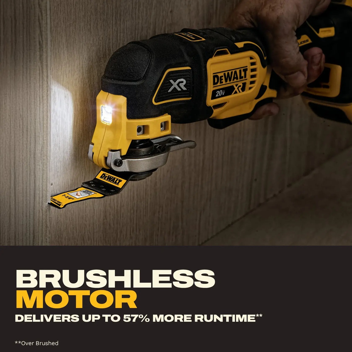 DEWALT DCS356D1 20V MAX XR Brushless Cordless 3-Speed Oscillating Multi-Tool Kit with LED light illuminating a wood cut inside a dim work area