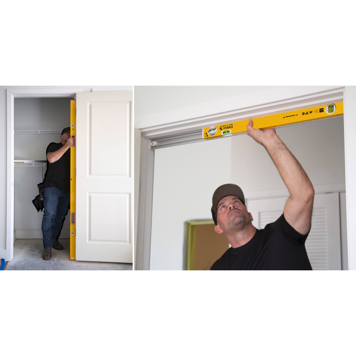 Stabila 37540 Type-196 78-inch Level and Type-80 T Extendable Level Jamber Set being used to check a door jamb and header inside a residential room during door installation