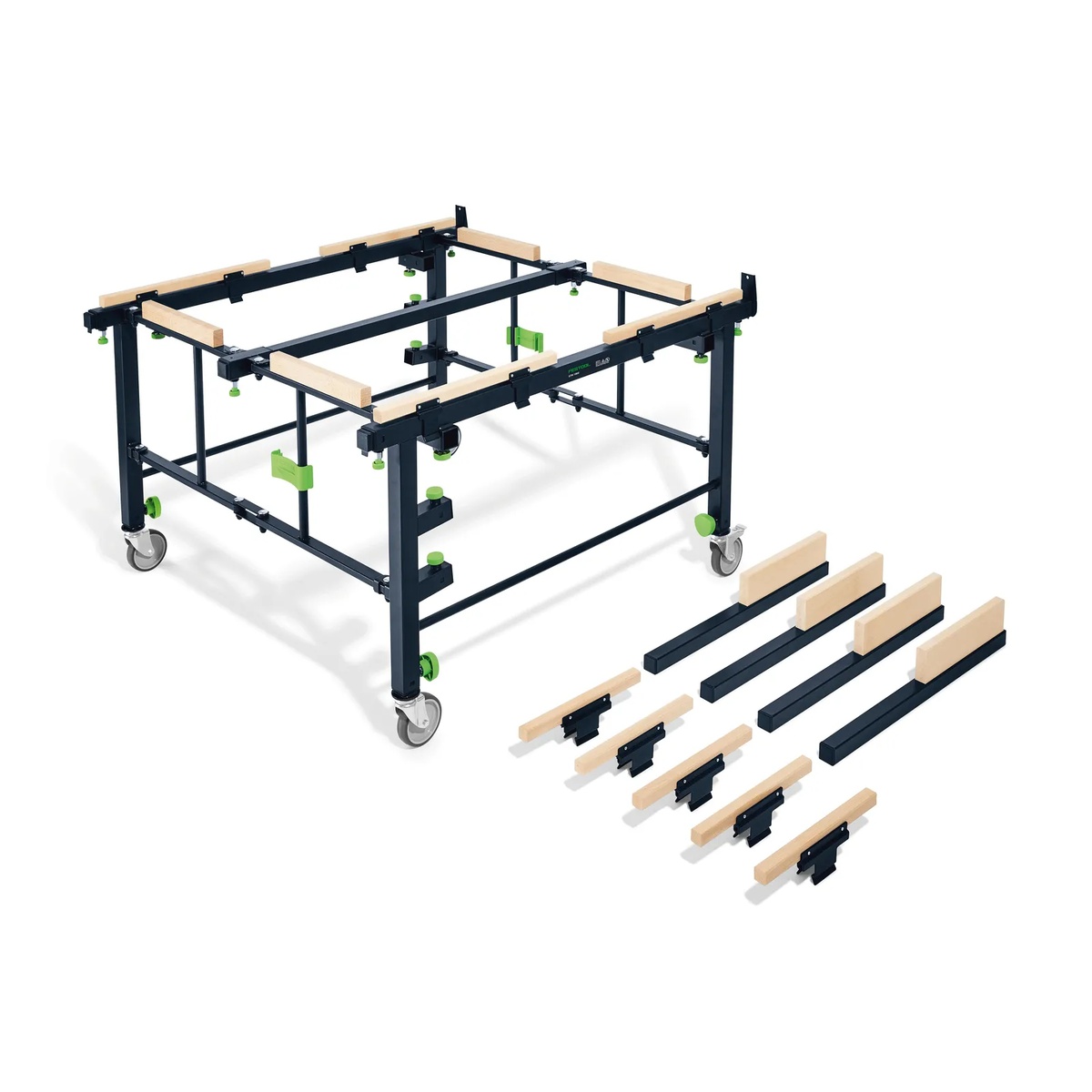 Festool 205183 STM 1800 Mobile Sawing Table shown with extension supports and wooden coverings laid out for setup on a work floor