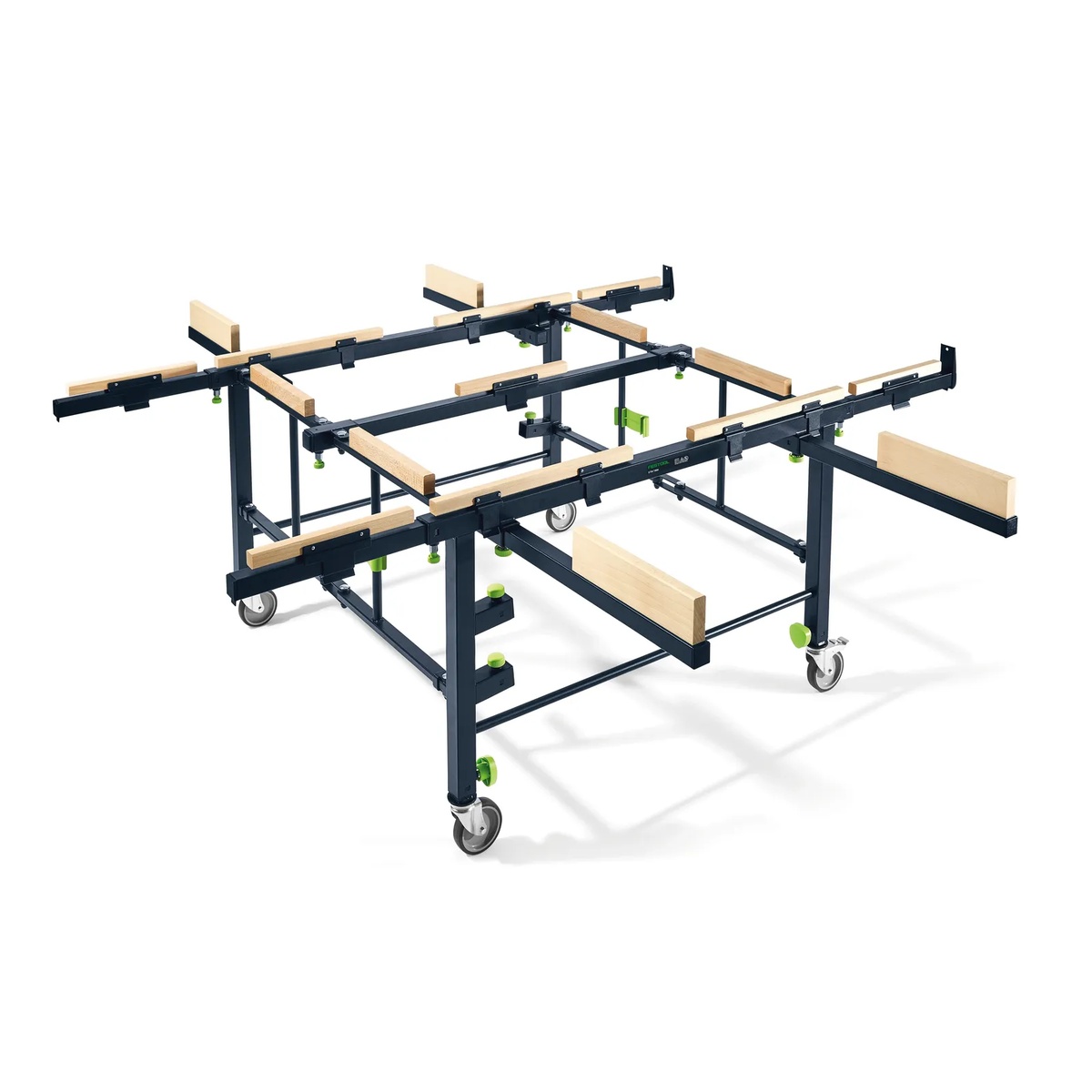 Festool 205183 STM 1800 Mobile Sawing Table opened with extension supports installed to create a larger work surface for sheet goods