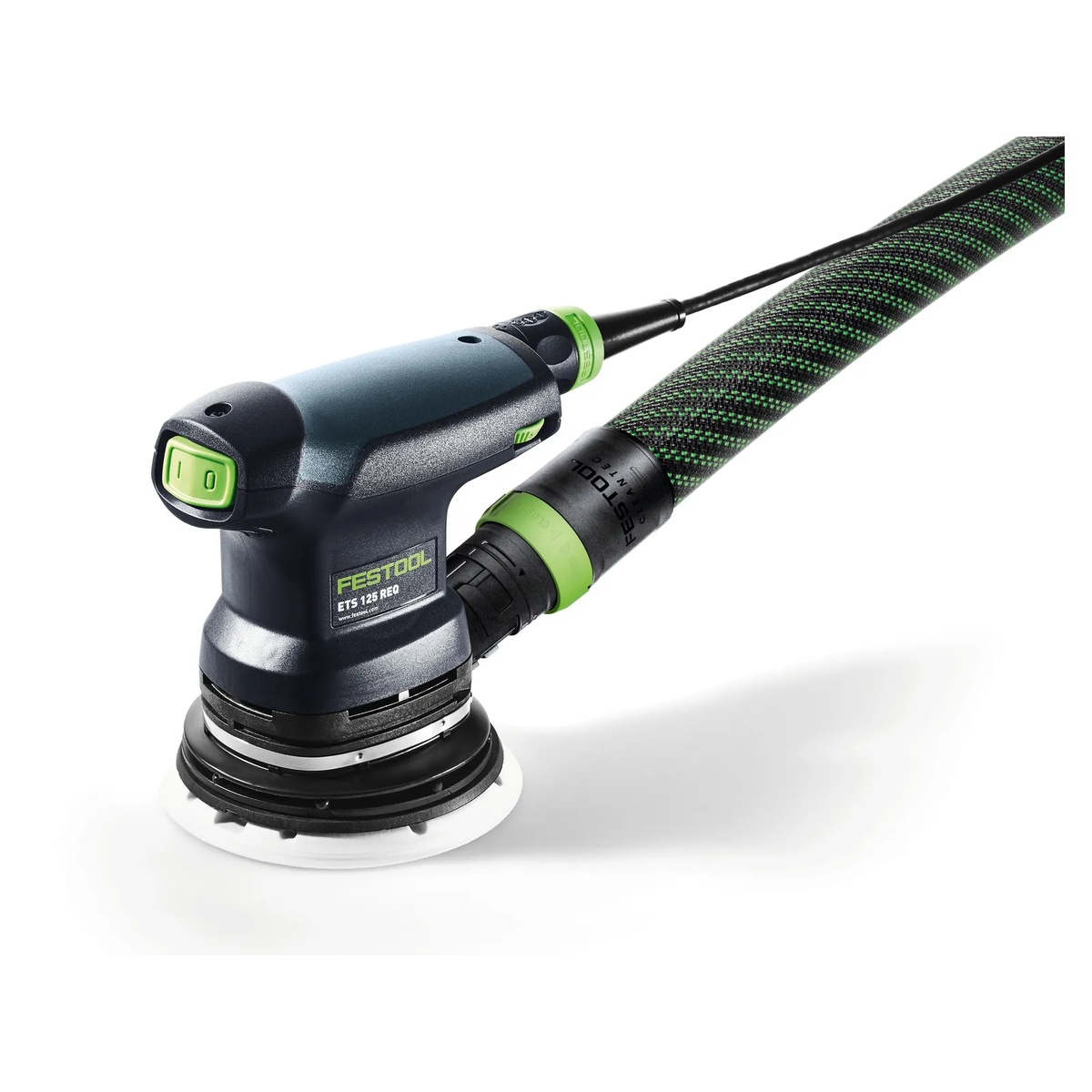 Festool 576070 ETS 125 REQ-Plus 125mm (5 inch) Random Orbital Sander connected to a Festool dust hose showing the dust extraction port and compact body