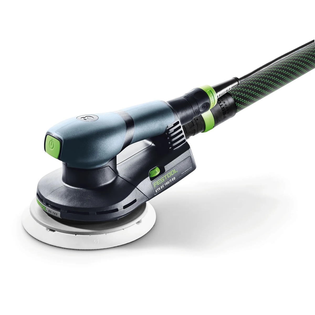 Festool ETS EC150/3 EQ-Plus Random Orbital Sander close-up showing compact body and dust hose connection for finish sanding