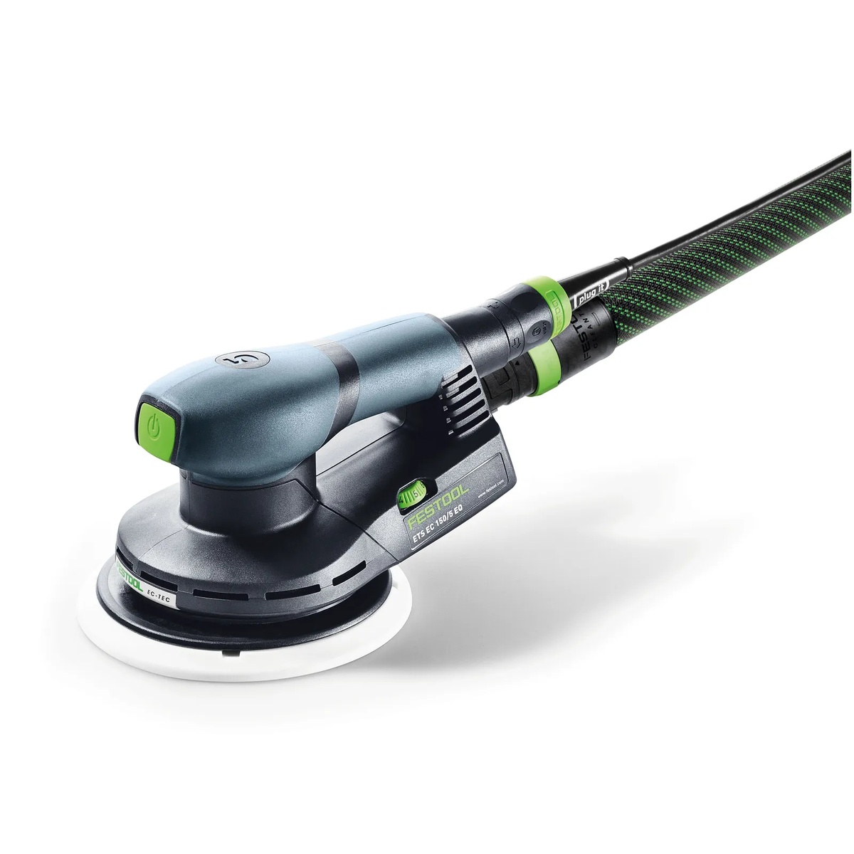 Festool 576339 ETS EC 150/5 EQ-Plus Random Orbital Sander with dust hose attached showing the compact low-profile body for finish sanding