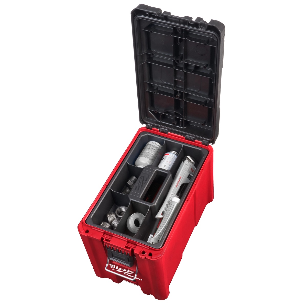 Milwaukee 48-22-8422 PACKOUT Compact Tool Box open with interior tray and divided storage space for organizing fittings, tools, and small jobsite parts