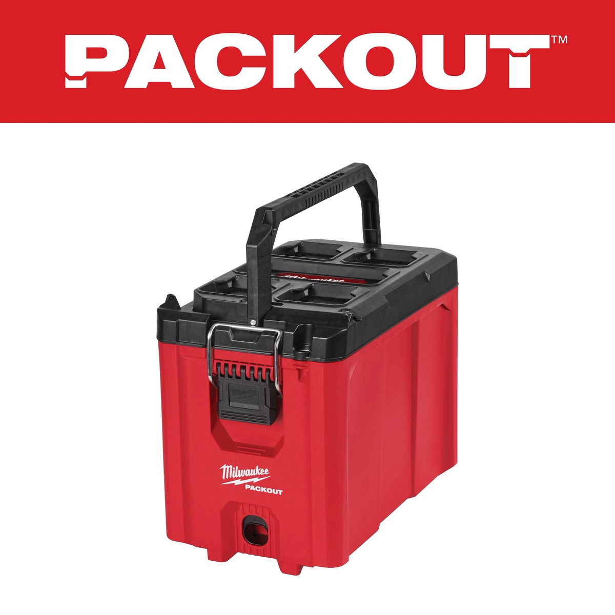 Milwaukee 48-22-8422 PACKOUT Compact Tool Box closed with integrated top handle, shown as a compact portable storage box for carrying tools between truck and jobsite