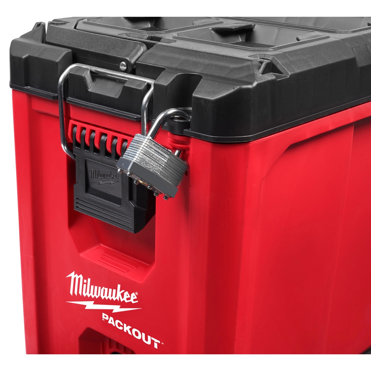 Milwaukee 48-22-8422 PACKOUT Compact Tool Box latch and metal reinforced locking point detail, showing secure closure for jobsite transport and storage