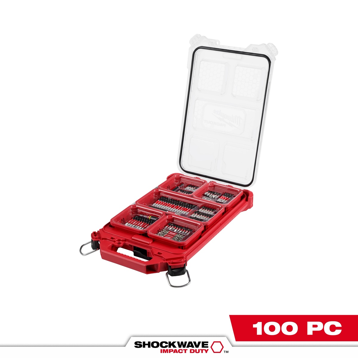 Milwaukee SHOCKWAVE Impact Duty Driver Bit PACKOUT Set - 100PC open in its red organizer case with bits arranged in compartments