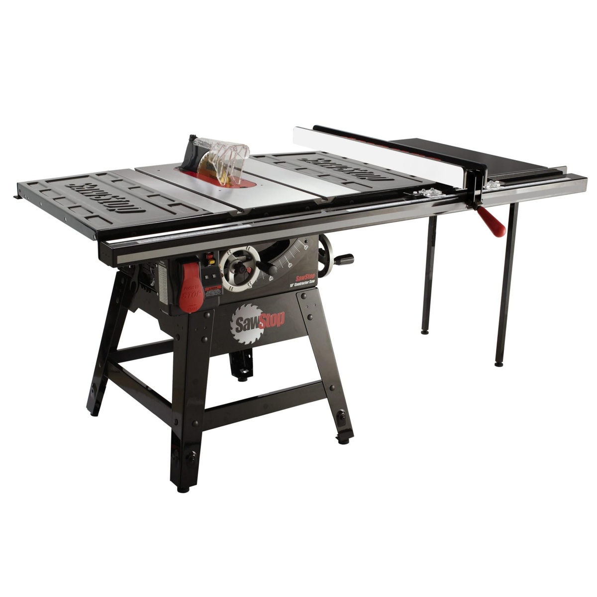 SawStop CNS175-TGP236 10 inch contractor saw on white background showing the 36 inch Professional Series T-Glide fence system and extension support