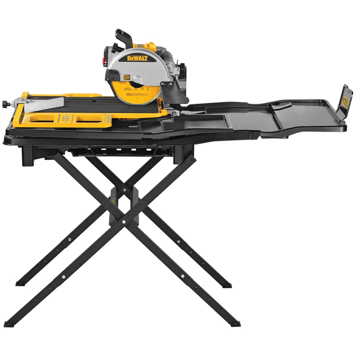DEWALT D36000S 10-In. High Capacity Wet Tile Saw With Stand shown fully assembled with stand and water trays on a clean background