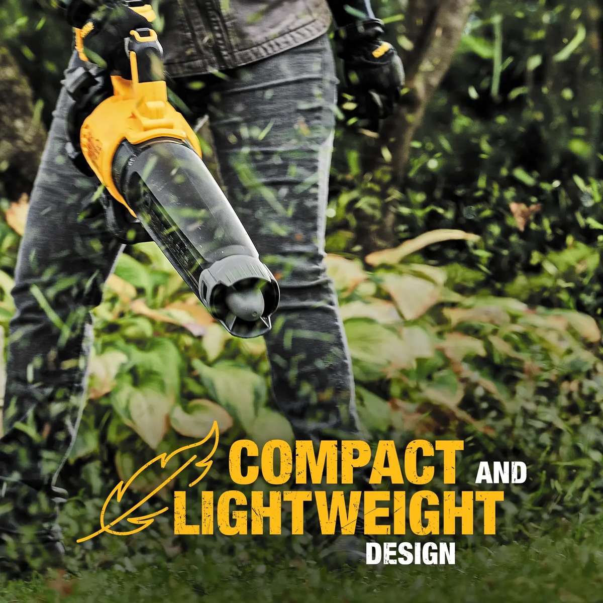DEWALT 20V MAX XR Brushless Cordless Handheld Blower in use around landscaping beds showing compact handheld control during yard cleanup