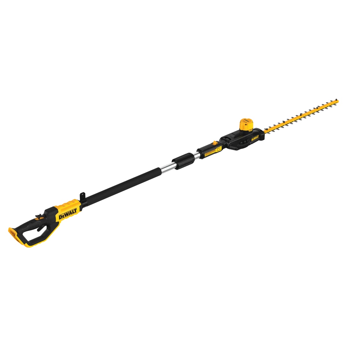 DEWALT 20V MAX 22-in. Pole Hedger Trimmer product view showing the long pole, articulating hedge trimmer head, and 22 inch blade assembly