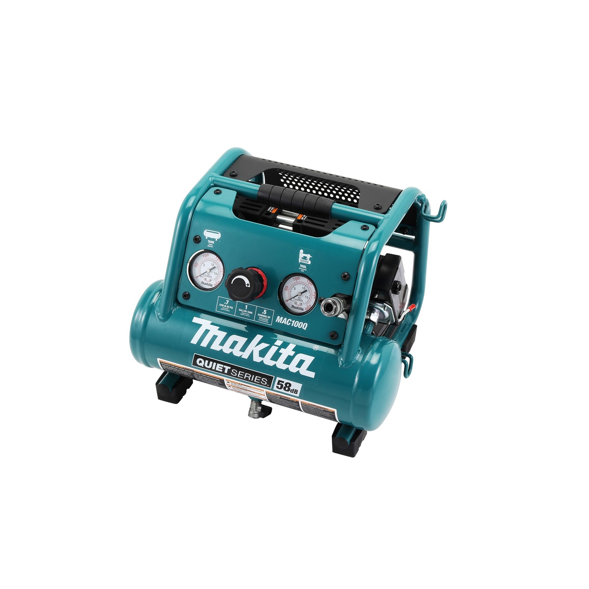 Makita MAC100Q Quiet Series 1/2 HP, 1 Gallon Compact, Oil-Free, Electric Air Compressor showing roll-cage frame, gauges, and coupler for portable jobsite use