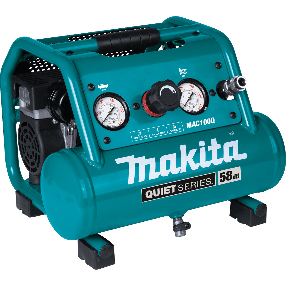 Makita MAC100Q Quiet Series 1/2 HP, 1 Gallon Compact, Oil-Free, Electric Air Compressor shown as a compact portable compressor for indoor trim and finish work